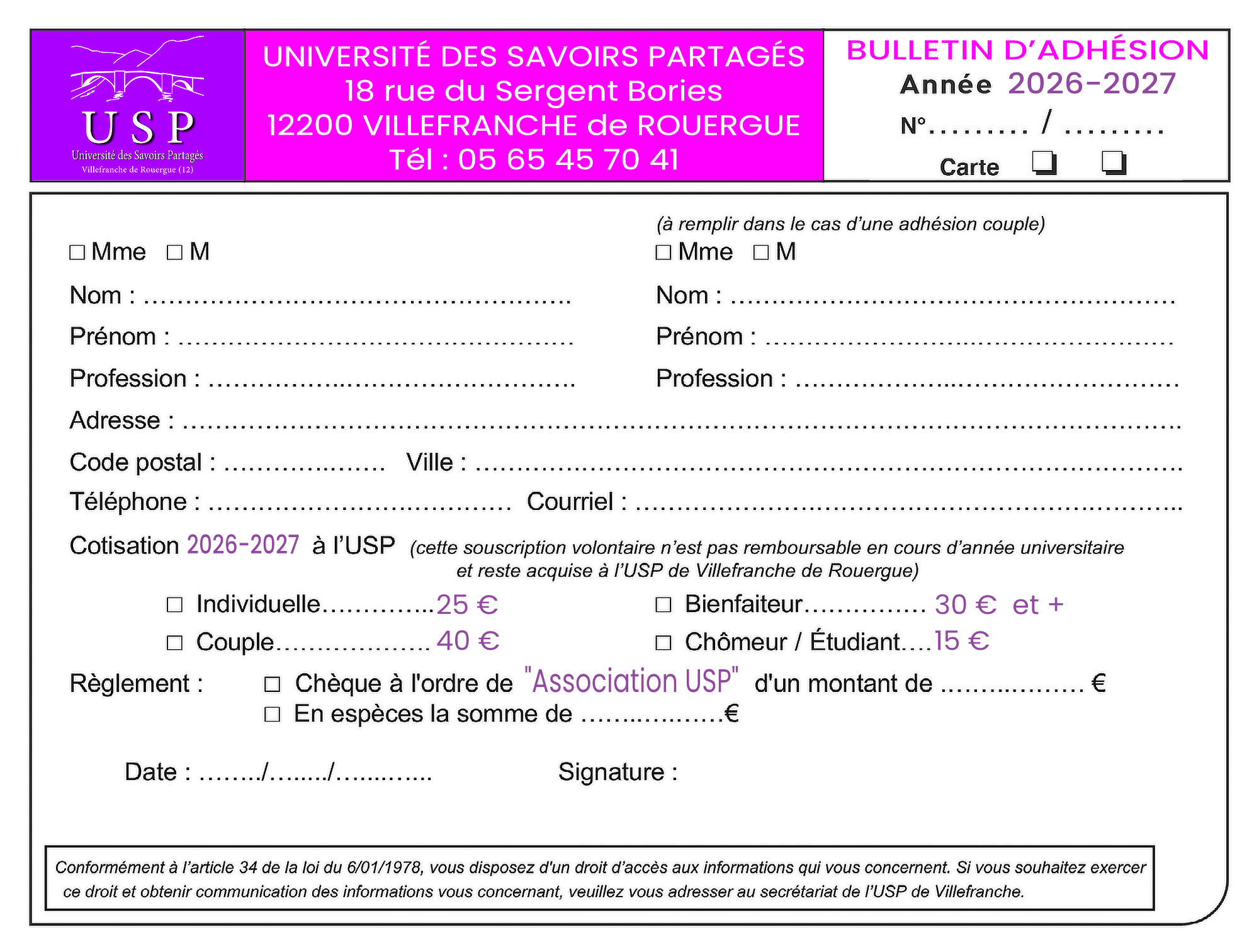 FICHE d'inscription 2027