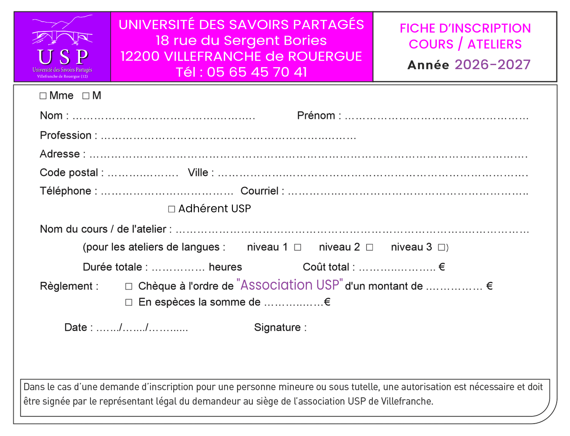 FICHE d'inscription COURS & ATELIERS 2027