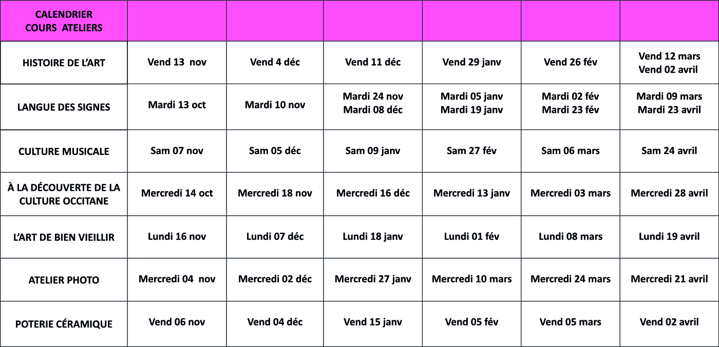 Agenda ateliers & sorties 26 27